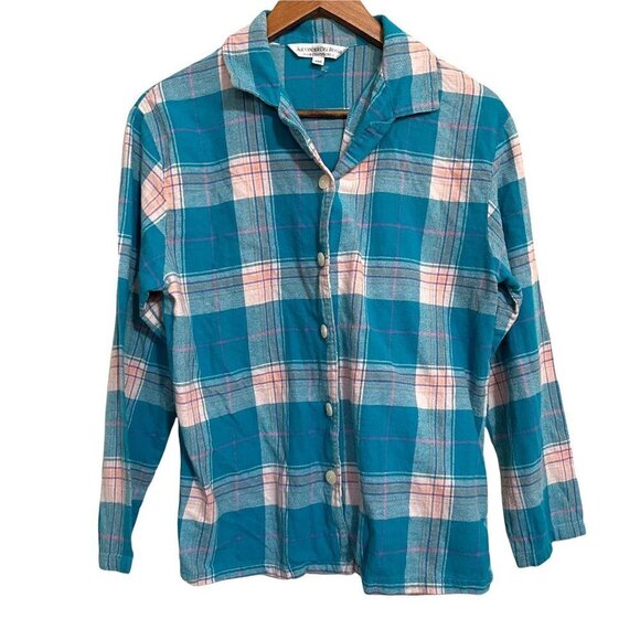 Alexander Del Rossa Women's Teal Plaid Flannel Button Up Long Sleeve Shirt Small - Picture 1 of 6